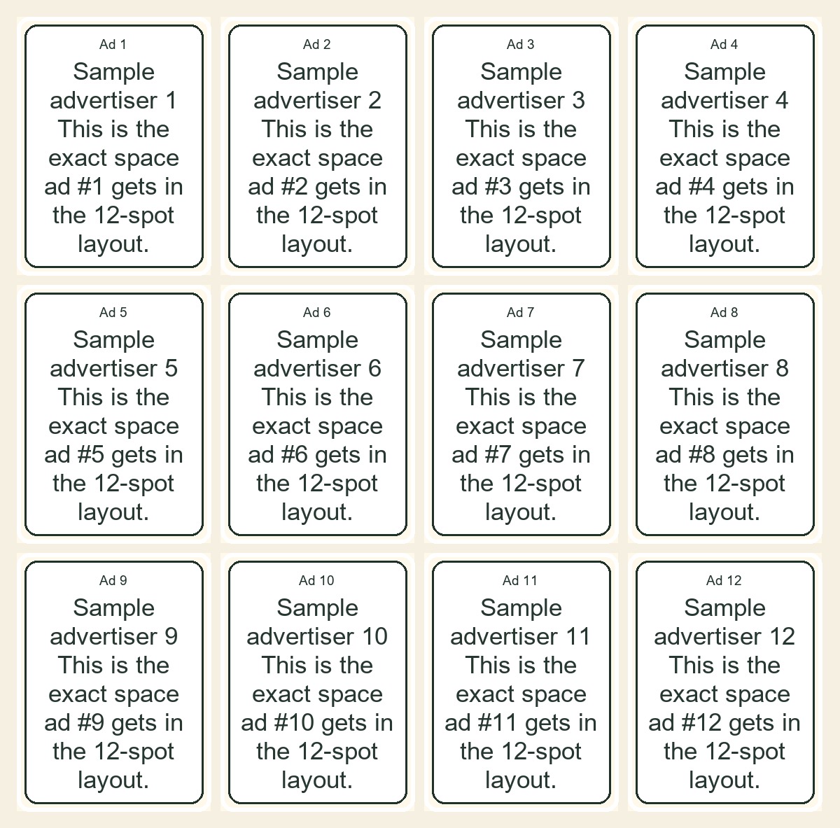 Twelve sponsored ad placement layout